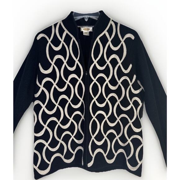 Talbots Wool Jacket XL Black Ivory Brading Full Zip Long Sleeve Womens - Picture 2 of 7